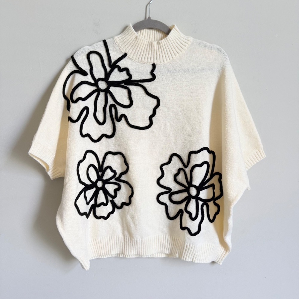 Easel Boutique Oversized Sweater Cream Black Floral Mock Neck Knit Top Small NWT
